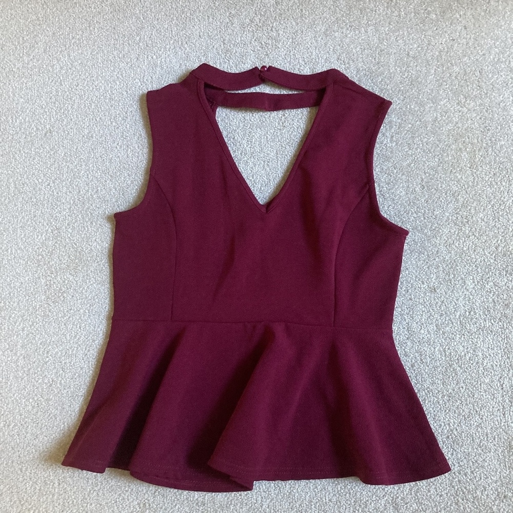 womens l maroon sleeveless peplum top heart cutout - Picture 4 of 4